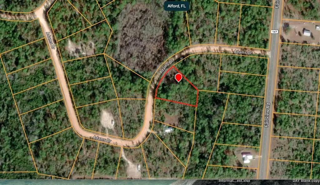 This is an aerial map showing a vacant lot outlined in red near a road — ADAMS DRIVE, ALFORD, FL