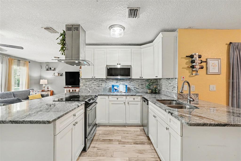 A kitchen features white cabinets, granite countertops, stainless steel appliances, and a tile backsplash — 534 LEVERETT ROAD, SEFFNER, FL