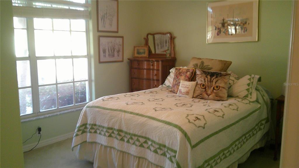 A bedroom features a bed with a cat-themed pillow, a wooden dresser, and a window — 1640 PALACE COURT, PUNTA GORDA, FL