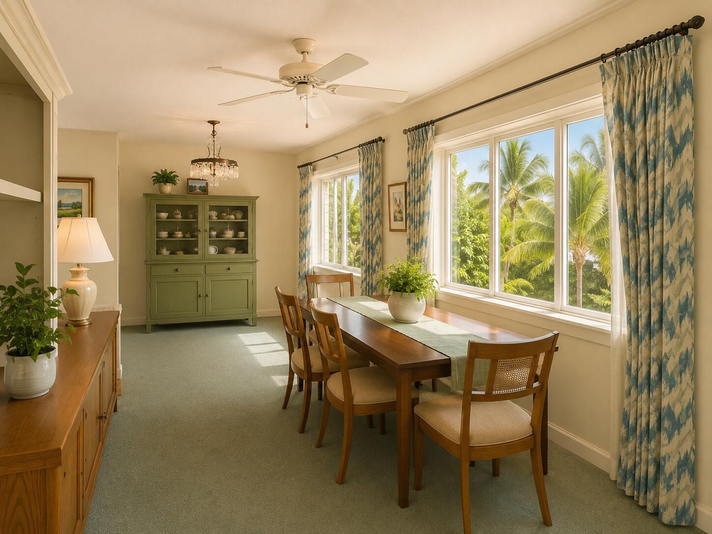 A dining room features a wooden table, green hutch, and windows overlooking palm trees — 2300 SW 19TH Avenue, Boynton Beach FL 33426, BOYNTON BEACH, FL