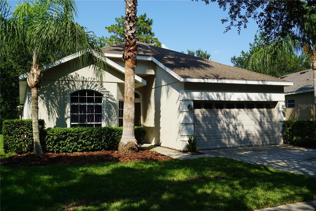 A single-story house with a beige stucco exterior, a two-car garage, and palm trees — 19131 CYPRESS REACH LANE, TAMPA, FL