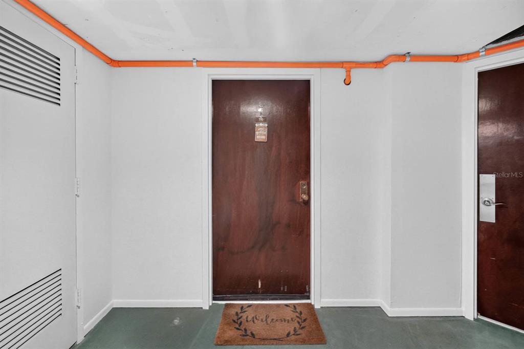 A brown door with a welcome mat sits between two white walls with exposed orange piping — 925 N HALIFAX AVENUE UNIT 710, DAYTONA BEACH, FL