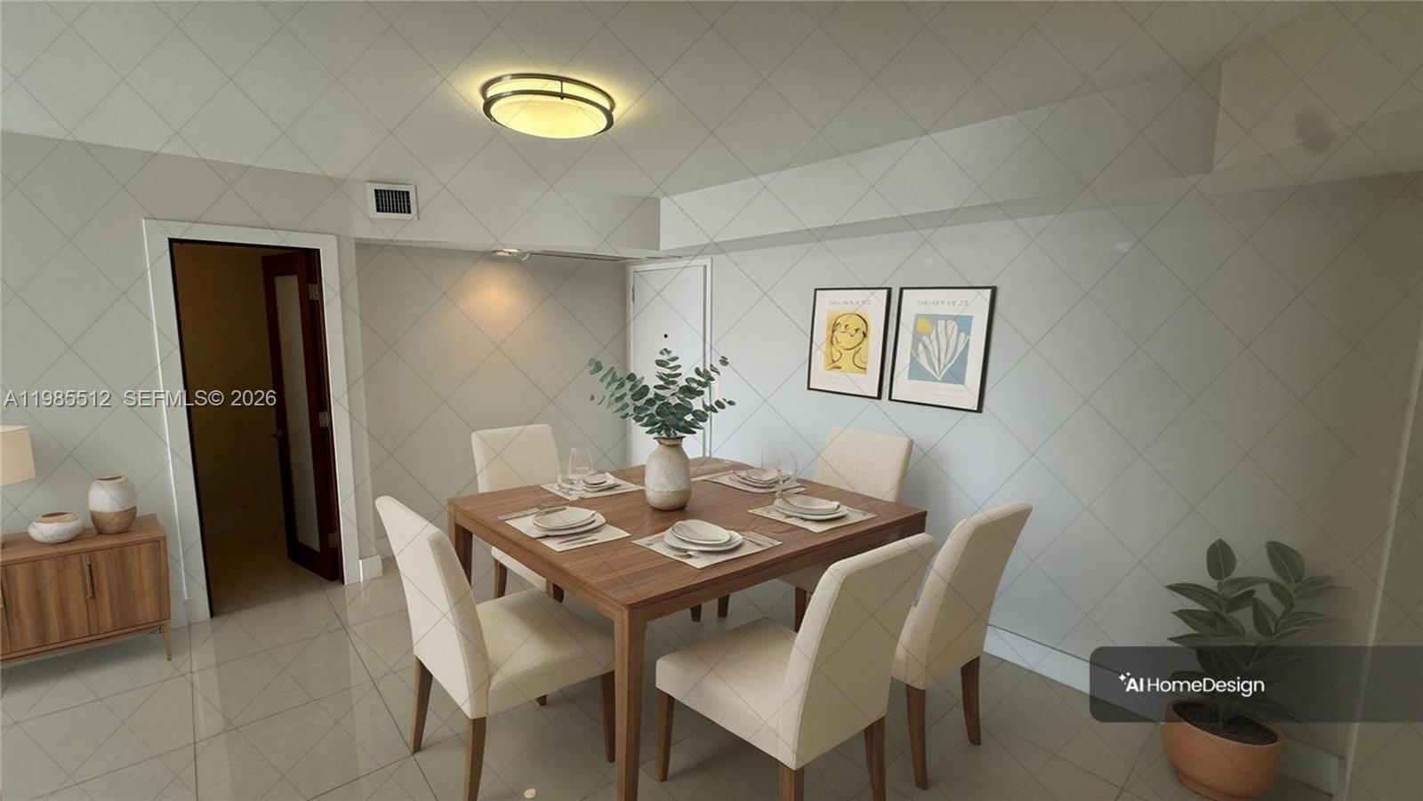 This is a digitally staged dining room featuring a wooden table, four chairs, and artwork — 2333 Brickell Ave # 1009, Miami FL 33129, MIAMI, FL