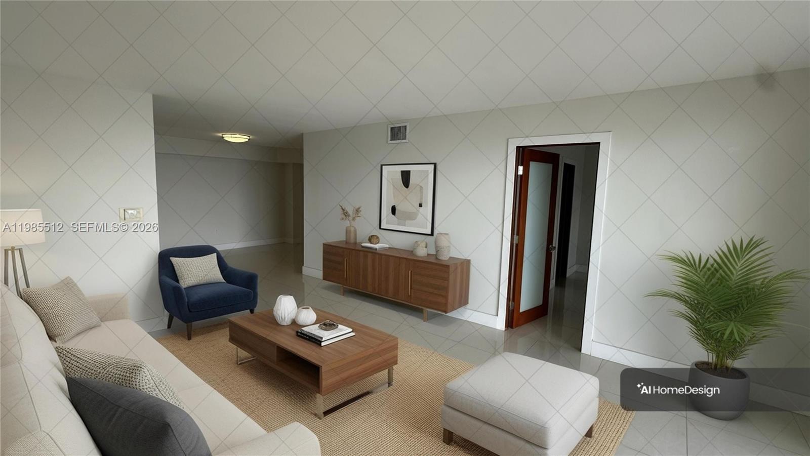 This is a digitally staged living room featuring a sofa, blue armchair, and wooden console — 2333 Brickell Ave # 1009, Miami FL 33129, MIAMI, FL