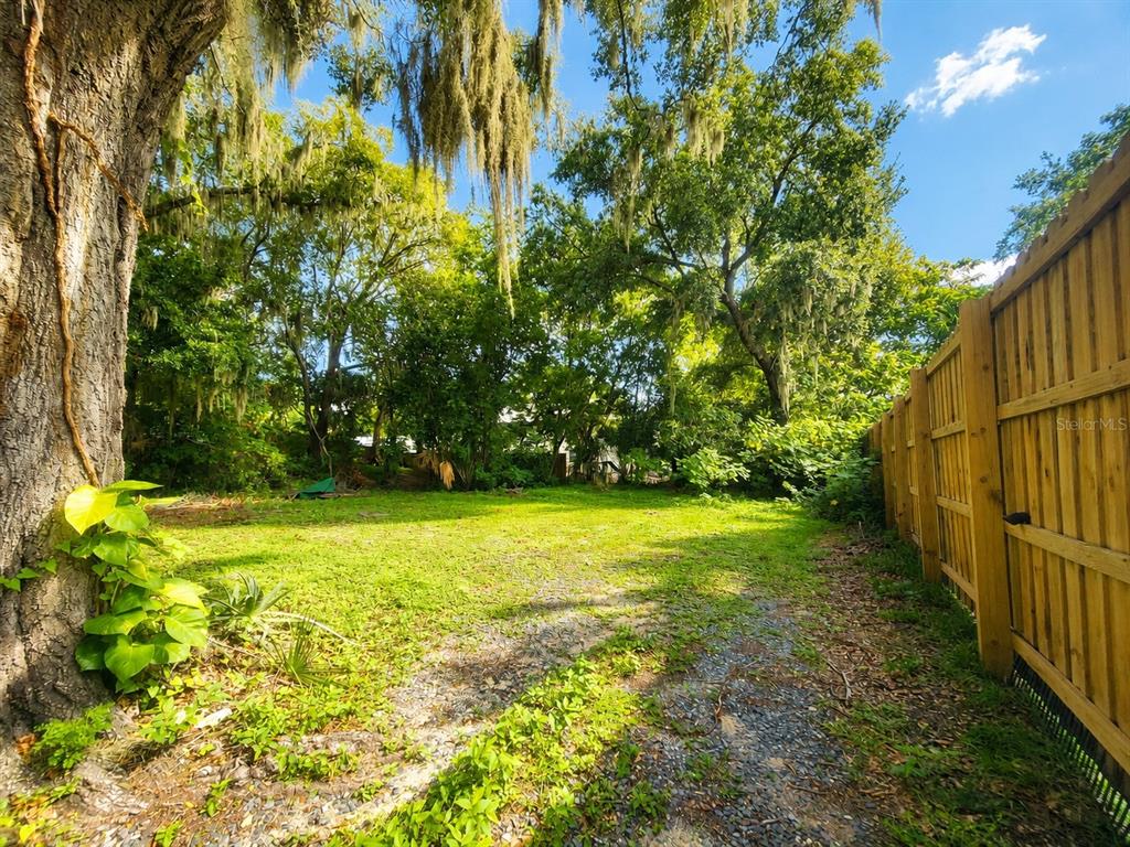 A grassy backyard features a large tree with Spanish moss and a wooden privacy fence — 617 NE 25TH AVENUE, OCALA, FL