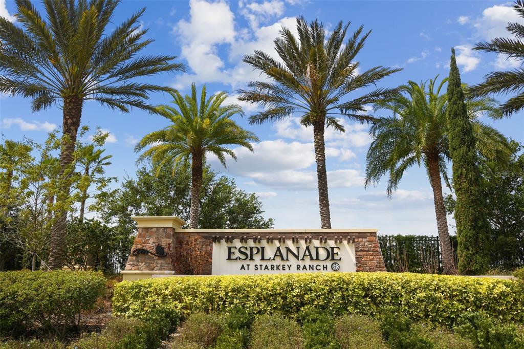 A stone monument sign for Esplanade at Starkey Ranch stands amidst palm trees and landscaping — 11503 CALLISIA DRIVE, ODESSA, FL