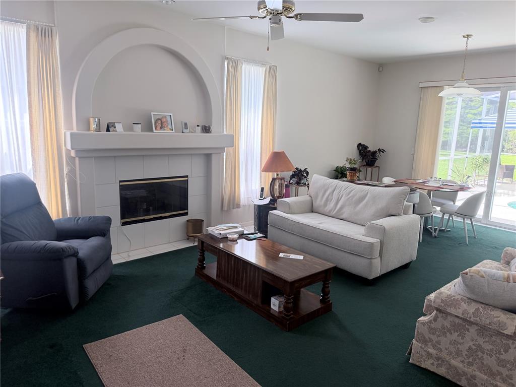 A living room features a fireplace with an arched alcove, green carpeting, and dining area — 4968 EBENSBURG DRIVE, TAMPA, FL