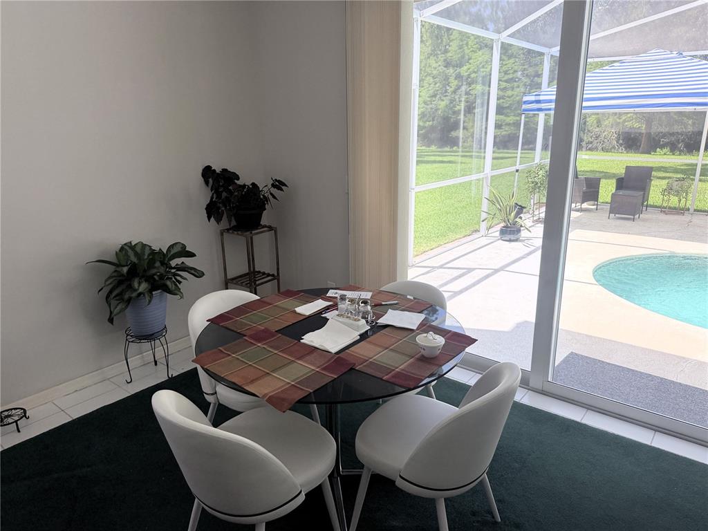 A dining area with a glass table and chairs overlooks a screened pool patio — 4968 EBENSBURG DRIVE, TAMPA, FL
