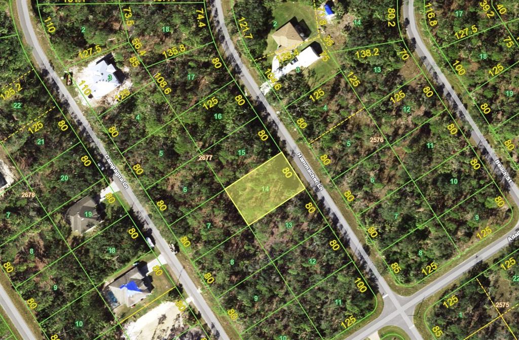 This is a satellite map showing a vacant residential lot highlighted in yellow — 1177 HAMMACHER LANE, PORT CHARLOTTE, FL