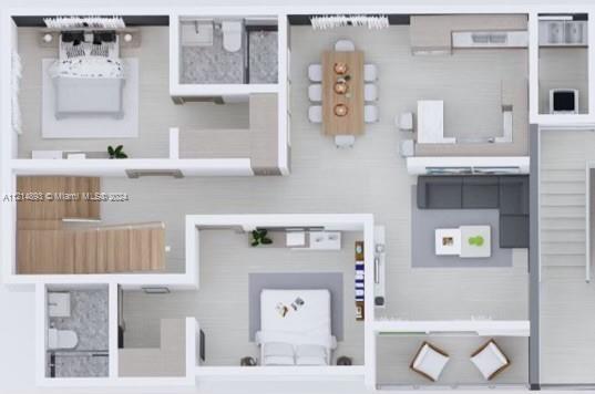 This is a 3D floor plan rendering of a two-bedroom apartment with a balcony — Calle .. Esquina D-1 Villa Olimpica, Santiago PH, DO, DO