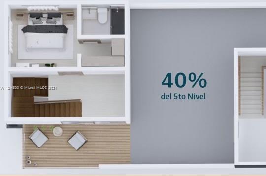 This is a 3D floor plan rendering of a bedroom, bathroom, staircase, and outdoor terrace — Calle .. Esquina D-1 Villa Olimpica, Santiago PH, DO, DO