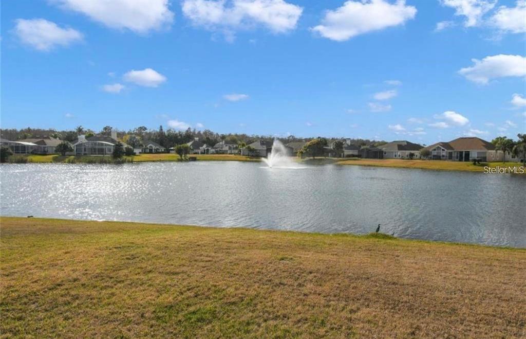 A view of a lake with a fountain and surrounding houses under a blue sky — 14506 TIMUCUA COURT, ORLANDO, FL