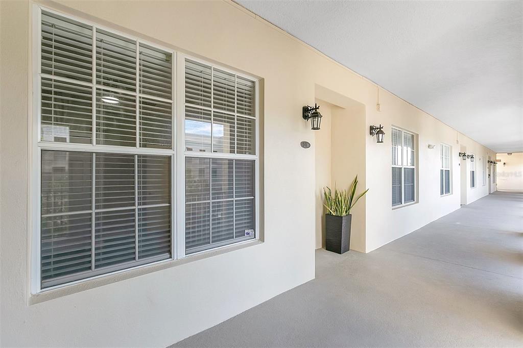 A covered outdoor walkway features light-colored walls, multiple windows with blinds, and a potted plant — 4392 WARDELL PLACE UNIT 201, ORLANDO, FL