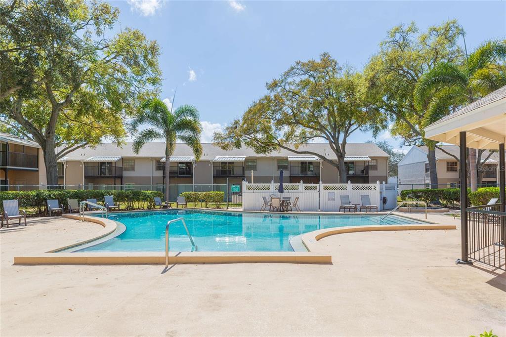 A swimming pool sits in front of a multi-story apartment building surrounded by trees — 4513 S OAK DRIVE UNIT Q62A, TAMPA, FL