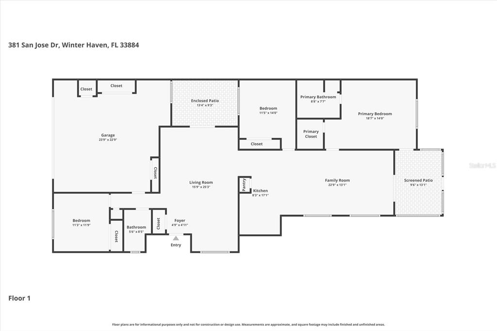 This is a floor plan of a single-story house with a garage and two patios — 381 SAN JOSE DRIVE, WINTER HAVEN, FL