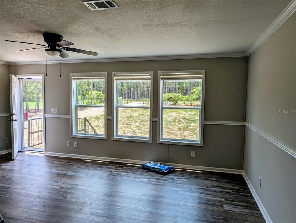 A living room with wood-look flooring, a ceiling fan, and three windows overlooking a yard — 26125 COUNTY ROAD 44A, EUSTIS, FL