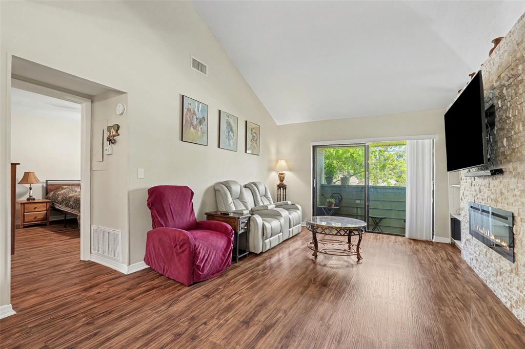 A living room features wood-look flooring, a stone fireplace with a television, and vaulted ceilings — 13507 PALMWOOD LANE UNIT 13507, TAMPA, FL
