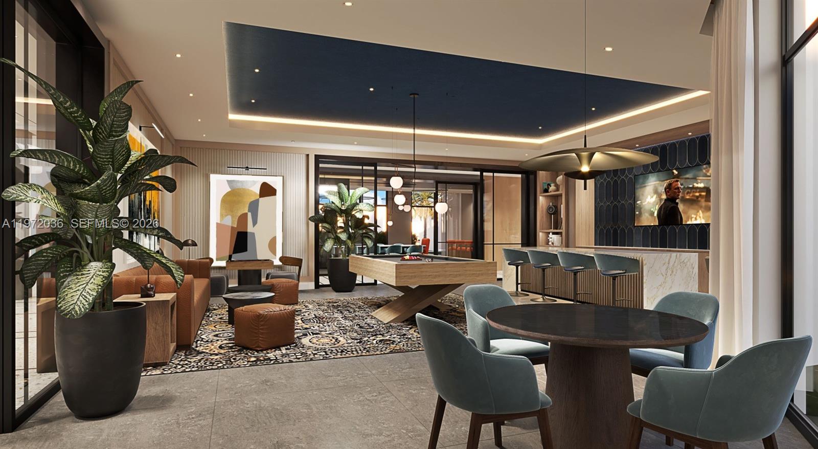 This rendering shows a modern lounge area with a pool table, bar, and seating — 1556 NW 110th Ave # C, Miami FL 33024, MIAMI, FL