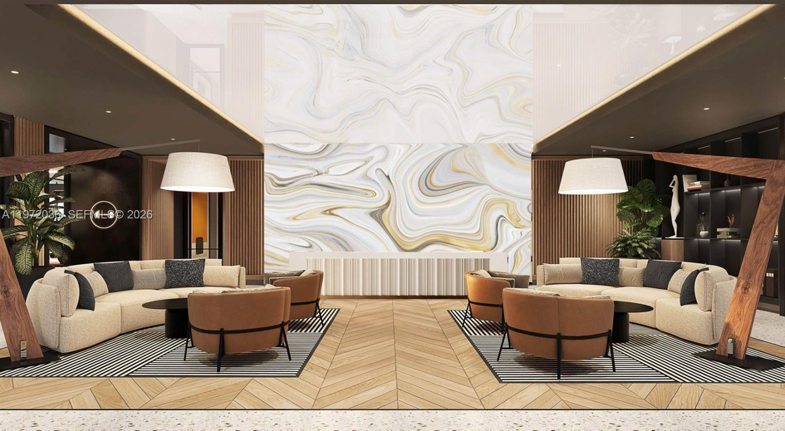 This rendering shows a symmetrical lounge area featuring a large marble accent wall and seating — 1556 NW 110th Ave # C, Miami FL 33024, MIAMI, FL