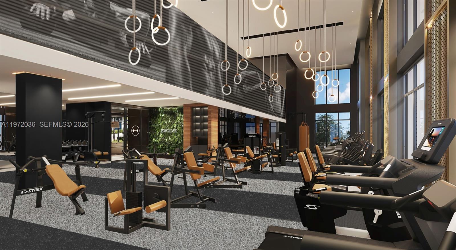 This rendering shows a modern gym with exercise equipment, hanging ring lights, and large windows — 1556 NW 110th Ave # C, Miami FL 33024, MIAMI, FL