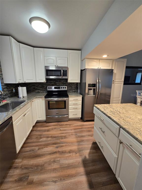 A kitchen features white cabinets, stainless steel appliances, granite countertops, and wood-look flooring — 1118 VILLA LANE UNIT S, APOPKA, FL