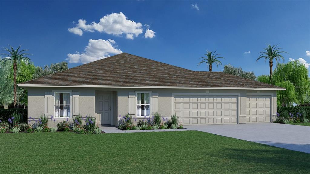 This is a digital rendering of a single-story house with a three-car garage — 5718 N DECARLO DRIVE, CITRUS SPRINGS, FL