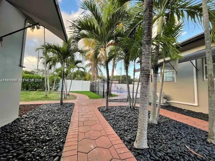 A paved walkway leads between palm trees and black landscaping rocks toward a fenced pool area — 1925 Dewey St # 1925, Hollywood FL 33020, HOLLYWOOD, FL