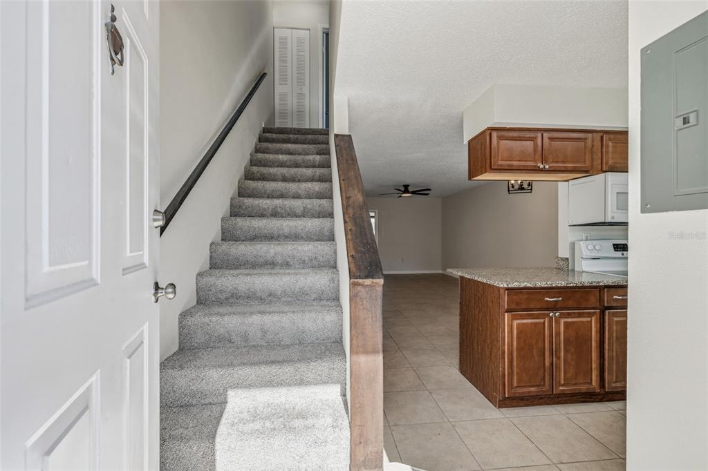 An entryway features carpeted stairs leading upward next to a kitchen with wood cabinets — 11906 CYPRESS HILL CIRCLE, TAMPA, FL