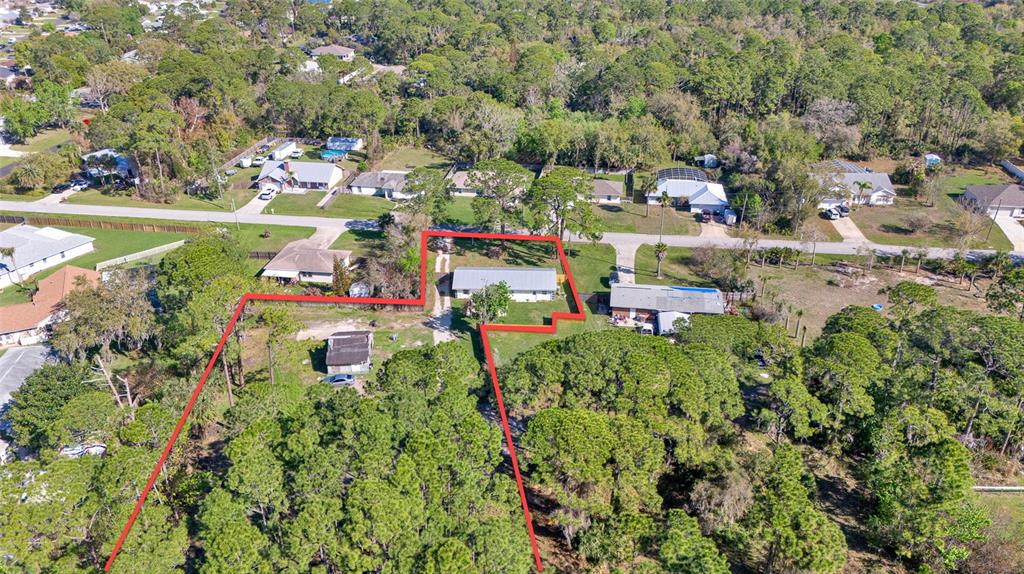 An aerial view shows a single-story house with a red-outlined property boundary and surrounding trees — 200 28TH STREET, EDGEWATER, FL
