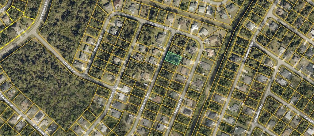 This is an aerial map showing a vacant residential lot highlighted in a suburban neighborhood — Lot 3, EMPORIA TERRACE, NORTH PORT, FL