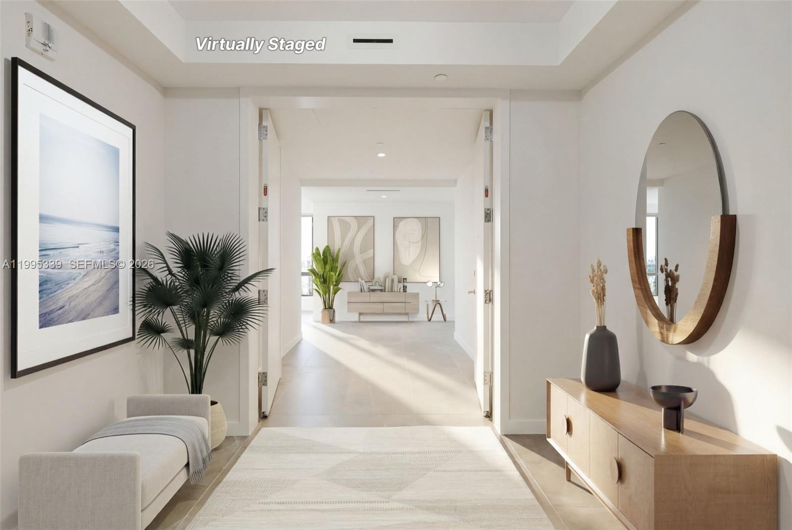 A virtually staged entryway leads into a bright hallway with modern furniture and decor — 1116 N Ocean Blvd # 806, Pompano Beach FL 33062, POMPANO BEACH, FL