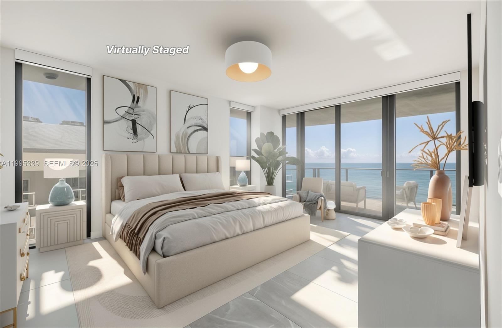 This is a virtually staged bedroom featuring a king bed, modern decor, and ocean views — 1116 N Ocean Blvd # 806, Pompano Beach FL 33062, POMPANO BEACH, FL