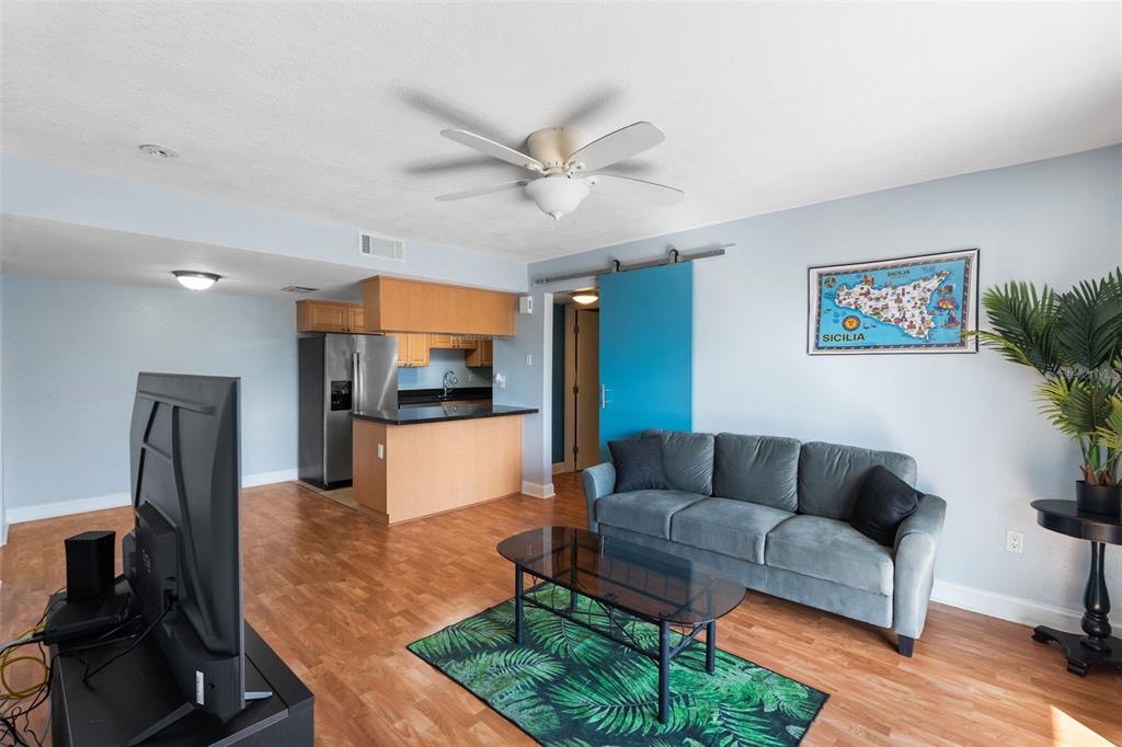 A living room with light blue walls, wood flooring, a blue barn door, and kitchen area — 3711 W IOWA AVENUE UNIT 214, TAMPA, FL