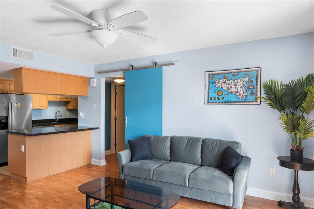 A living room features a blue sofa, a sliding barn door, and a kitchen area — 3711 W IOWA AVENUE UNIT 214, TAMPA, FL