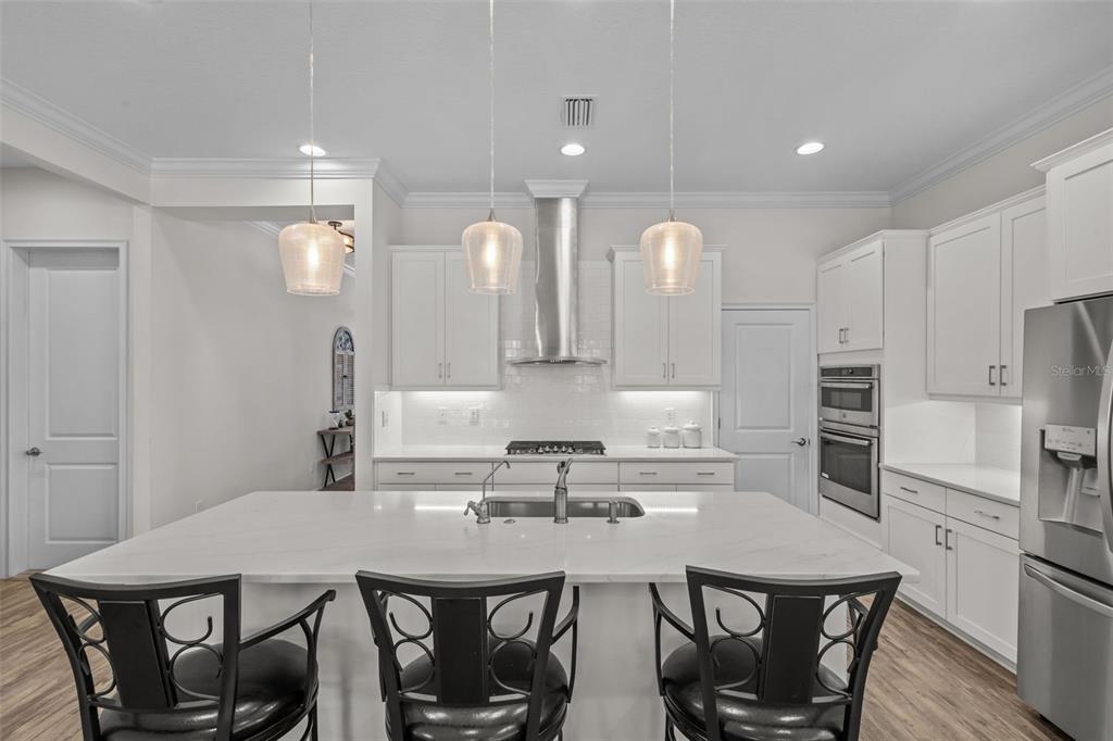 A modern kitchen features white cabinetry, a large marble-topped island, and stainless steel appliances — 3164 SATILLA LOOP, ODESSA, FL