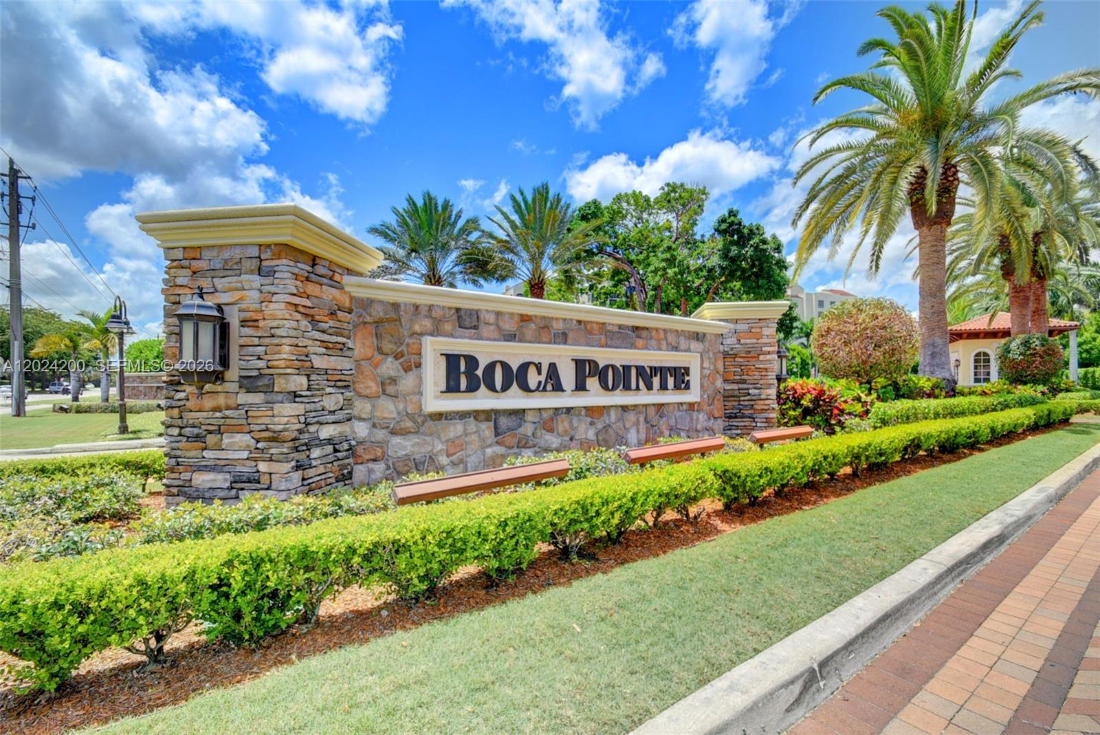 A stone entrance sign for Boca Pointe stands beside a manicured hedge and palm trees — 7906 Granada Pl # 1201, Boca Raton FL 33433, BOCA RATON, FL