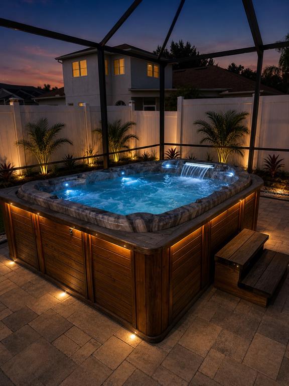 A lit hot tub with a waterfall feature sits on a patio inside a screened enclosure — 15911 MUIRFIELD DRIVE, ODESSA, FL
