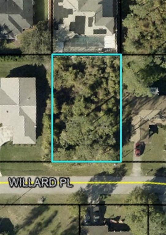 This is an aerial map view of a vacant, wooded residential lot — 8 WILLARD PLACE, PALM COAST, FL