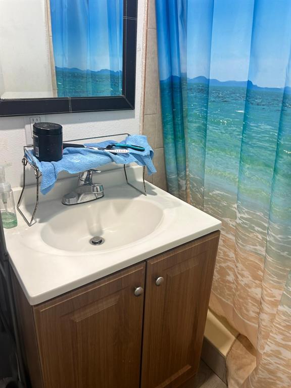 A bathroom vanity with a white sink, wood cabinet, and a beach-themed shower curtain — 744 MYRTLE AVENUE, VENICE, FL