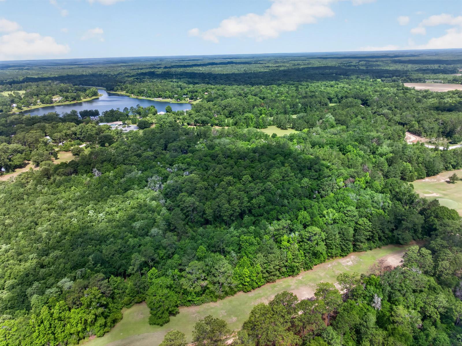 An aerial view shows a dense forest landscape bordering a lake and a golf course — 2744-2748 Little John Lane, FL 32425, FL