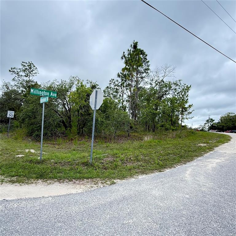 A vacant, wooded corner lot features a street sign for Millington Avenue and a stop sign — 11200 MARVELWOOD ROAD, WEEKI WACHEE, FL