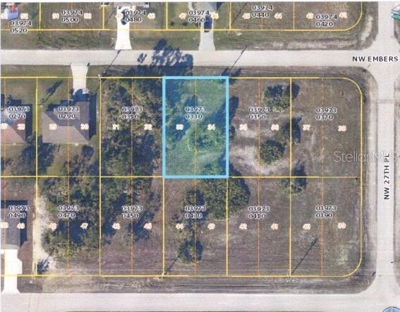 An aerial map view shows a highlighted vacant residential lot in a suburban neighborhood — 2720 NW EMBERS TERRACE, CAPE CORAL, FL