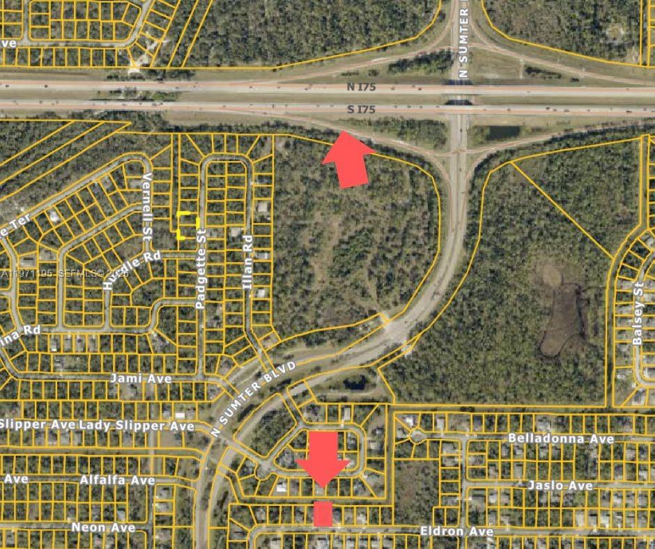 This is an aerial map showing residential lots and streets near an interstate highway — Eldron ave north ple, Sarasota FL 34286, SARASOTA, FL