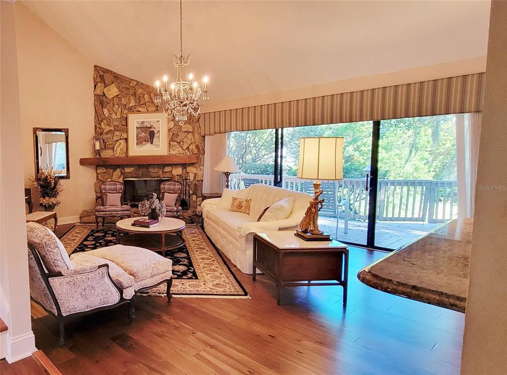 A living room features a stone fireplace, hardwood floors, a white sofa, and sliding glass doors — 1004 OLD MILL POND ROAD, PALM HARBOR, FL
