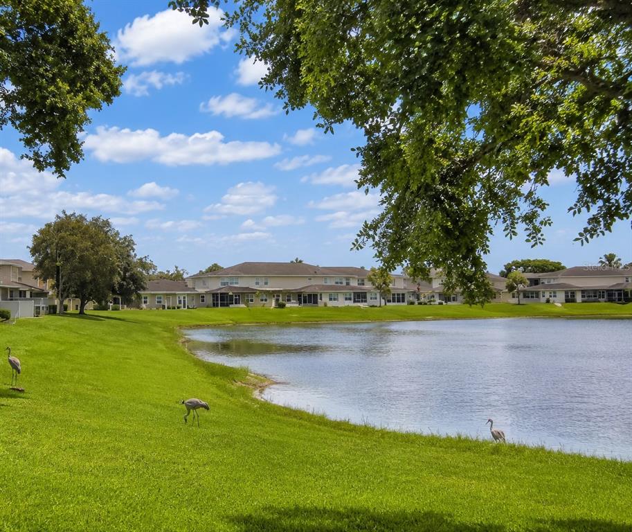 A grassy lawn slopes down to a pond in front of several suburban residential buildings — 1121 TRAVERTINE TERRACE, SANFORD, FL