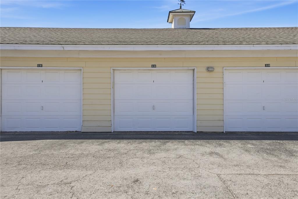 Three white garage doors are set in a light yellow building with a shingled roof — 18311 BRIDLE CLUB DRIVE, TAMPA, FL