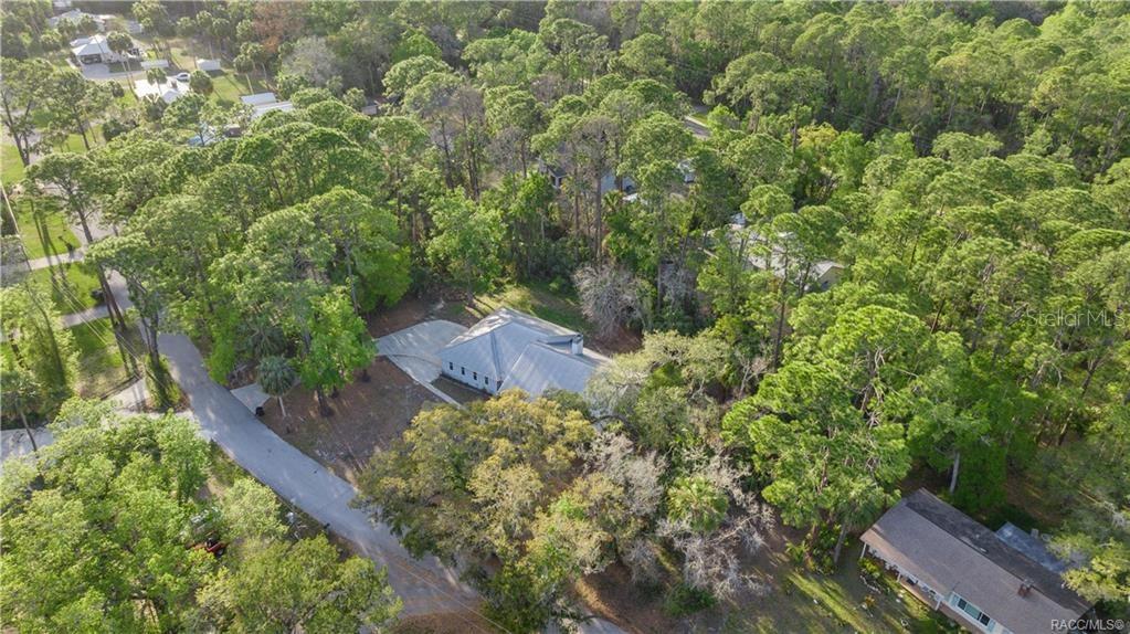 An aerial view shows a house with a metal roof surrounded by dense pine trees — 10 PATRICIA ROAD, YANKEETOWN, FL