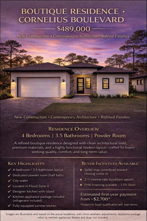 A digital rendering shows the exterior of a modern single-story house with a garage — 1097 CORNELIUS BOULEVARD, PORT CHARLOTTE, FL