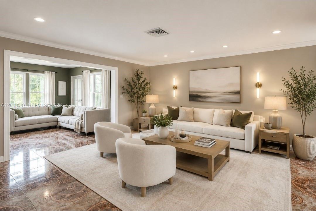 A living room features a white sofa, two armchairs, a wooden coffee table, and tile flooring — 10688 Sleepy Brook Way, Boca Raton FL 33428, BOCA RATON, FL