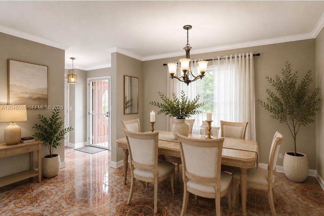 A dining room features a wooden table, upholstered chairs, a chandelier, and patterned tile flooring — 10688 Sleepy Brook Way, Boca Raton FL 33428, BOCA RATON, FL